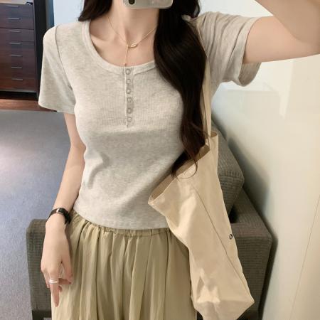PF2640#u领纯色正肩短袖t恤女夏装新款半开领纯欲辣妹短款收腰修身上衣