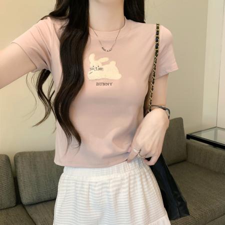 PF2641#圆领正肩短袖T恤女夏季新款修身显瘦收腰短款插肩袖内搭打底上衣