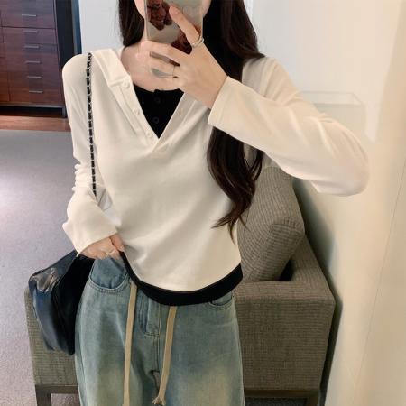 PF2642#连帽假两件撞色长袖t恤女春装新款修身显瘦带帽短款内搭打底上衣