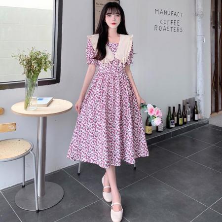 PF2643#大码女装法式碎花连衣裙夏季日系海军领遮腹初恋连衣裙洋气
