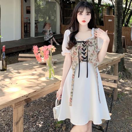 PF2646#大码女装夏季碎花连衣裙胖mm2024新款收腰显瘦设计感小众a字裙女