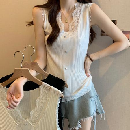 PF2647#大码女装2024春夏新款修身显瘦纯色V领蕾丝拼接针织吊带背心