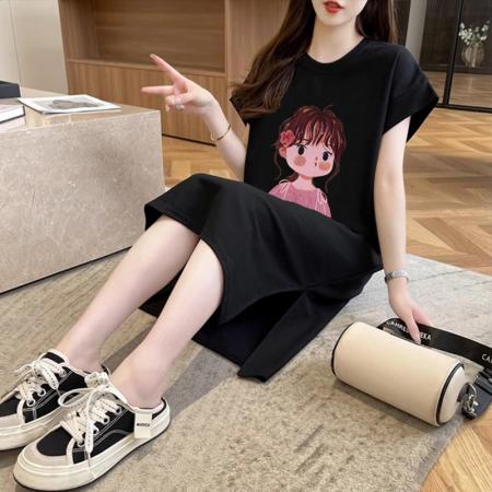 PF2653#长款过膝短袖T恤裙女夏季宽松大码裙子