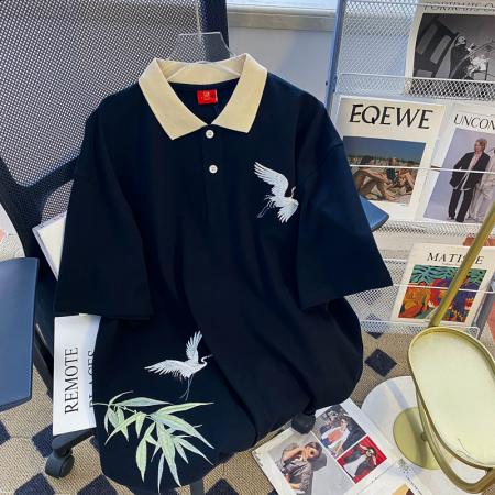 PF2659#珠地大码300斤后包领仙鹤刺绣polo衫短袖t恤