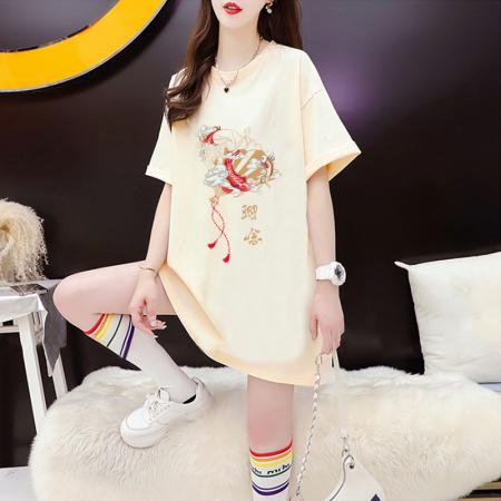 PF2660#纯棉夏季2024超火国风设计印花圆领短袖T恤女