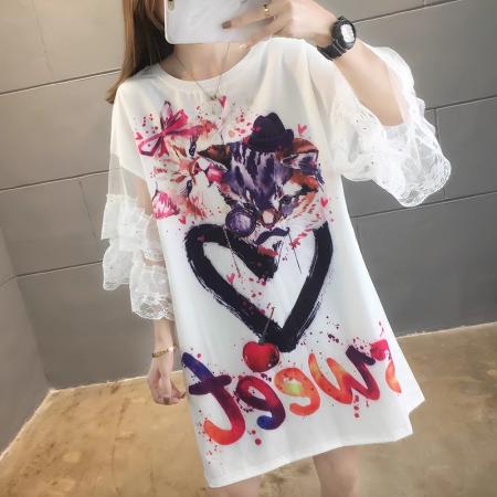 PF2664#牛奶丝夏季慵懒风中长款潮流印花蕾丝短袖T恤女