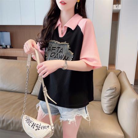 PF2668#华夫格设计感复古印花OP领短袖T恤衫女