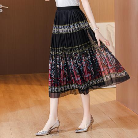 PF2672#新中式国风改良汉服日常装定制网纱印花款一片式百褶裙半身裙