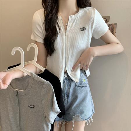 PF2688#网红爆款罗纹短袖T恤女开衫拉链短款上衣百搭休闲标准夏季