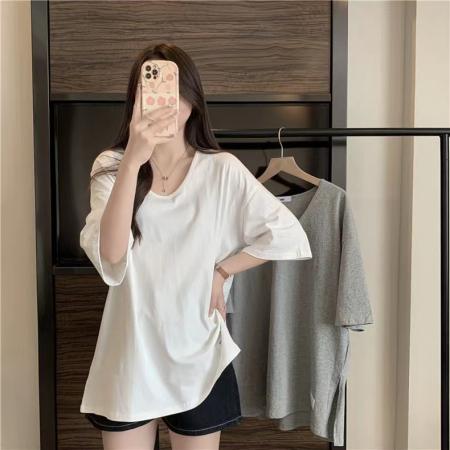 PF2692#纯棉下摆开叉短袖T恤女中长款半袖上衣简约百搭休闲套头夏季