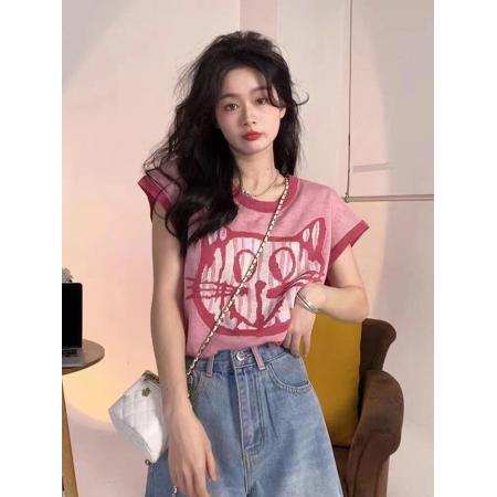 PF2694#夏日清新穿搭正肩短袖t恤女夏季2024新款圆领宽松显瘦辣妹上衣