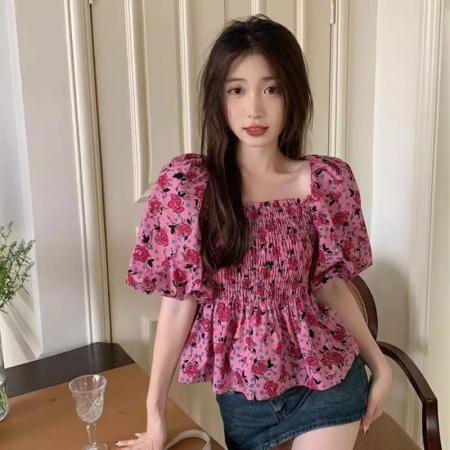 PF2694#泡泡袖碎花衬衫 新款女夏季法式气质雪纺上衣时尚露背百搭小衫