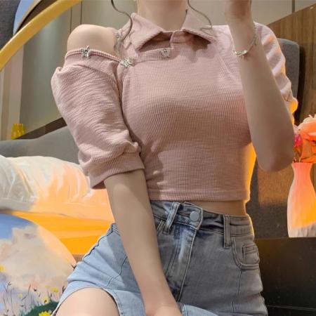 PF2703#原版做工新中式设计感小众辣妹短袖T恤女夏正肩短款甜辣风上衣