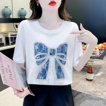PF2704#夏季短袖圆领套头重工镶钻亮片蝴蝶结设计感小众T恤上衣女