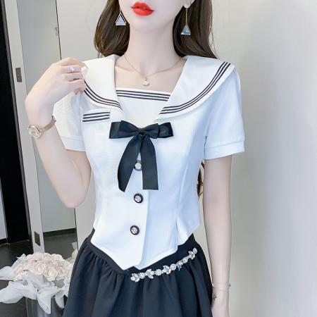 PF2706#短袖海军领上衣学院风甜美蝴蝶结夏季修身显瘦单排扣女装