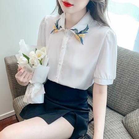 PF2708#短袖衬衣绣花夏季女装新款单排扣泡泡袖通勤简约纯色百搭
