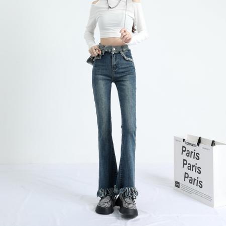 PF2715#新款流苏微喇叭牛仔裤女高腰显瘦弹力设计感毛边喇叭裤