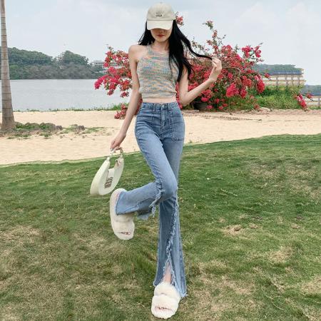 PF2721#开叉微喇牛仔裤女 夏季新款弹力显瘦喇叭裤高腰显瘦马蹄长裤