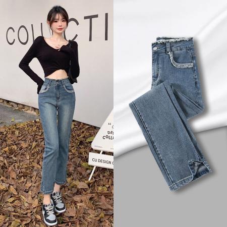 PF2723#开叉直筒牛仔裤女百搭 新款高腰显瘦小个子九分烟管裤潮流