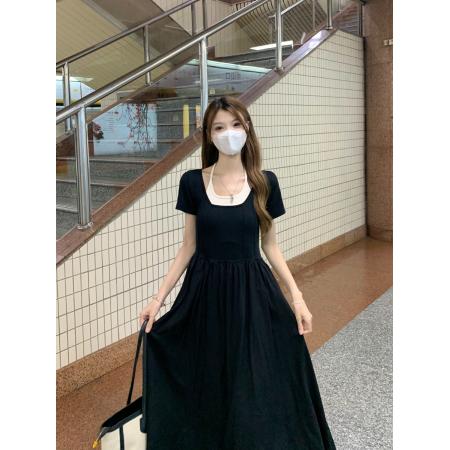 PF2731#法式绑带挂脖短袖大码连衣裙高级收腰显瘦赫本风小黑裙