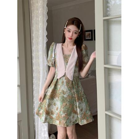 PF2732#夏季新款收腰显廋高级气质法式油画碎花大码连衣裙女