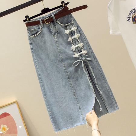 PF2733#配腰带牛仔裙#牛仔a字半身裙女 高腰显瘦侧开叉包臀裙子