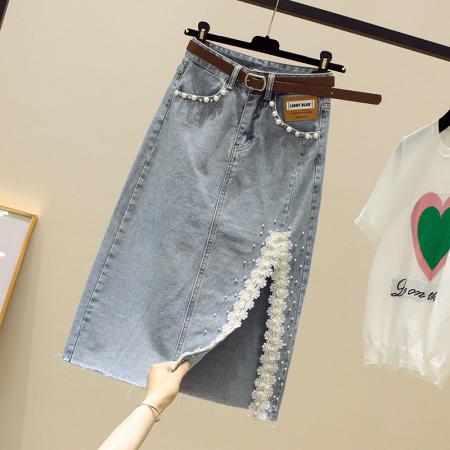 PF2734#配腰带牛仔裙#开叉花边半身裙女 高腰a字包臀牛仔裙