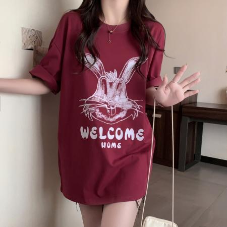 PF2743#100%棉精梳纯棉宽松大码2024夏季前后印花短袖t恤女