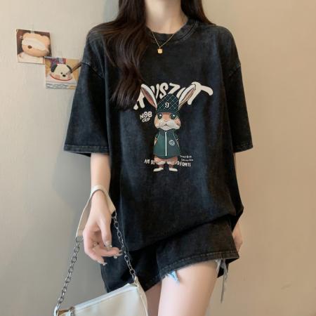 PF2747#100%棉精梳纯棉大码水洗做旧夏季短袖t恤女