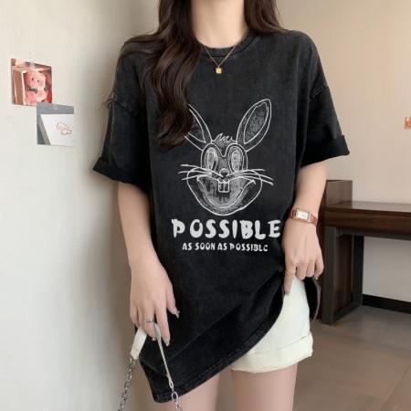 PF2748#100%棉精梳纯棉大码水洗做旧夏季短袖t恤女