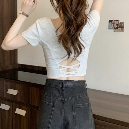 PF2752#纯棉短袖T恤女夏2024韩版新款有胸垫设计感镂空轻熟上衣