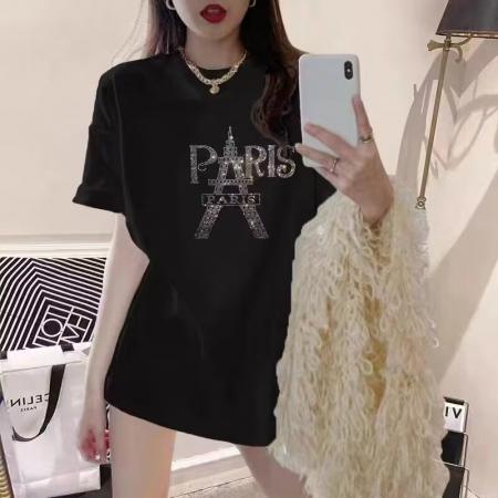 PF2753#重工烫钻纯棉短袖T恤女 夏季新款设计感铁塔宽松大码胖MM上衣