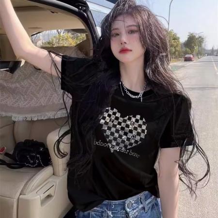 PF2754#重工烫钻纯棉短袖T恤女 夏季新款设计感爱心宽松大码胖MM上衣