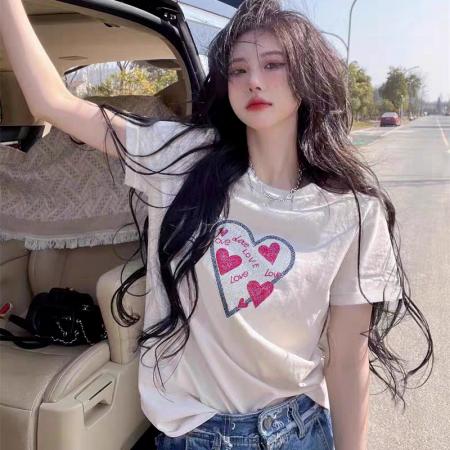 PF2756#重工烫钻纯棉短袖T恤女 夏季新款设计感爱心宽松大码胖MM上衣