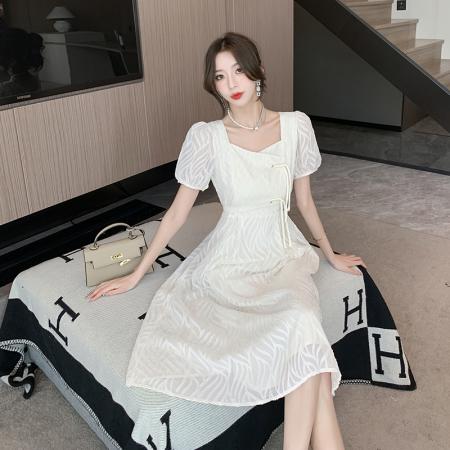 PF2758#夏季方领淑女气质新中式轻国风盘扣连衣裙女收腰显瘦气质裙子