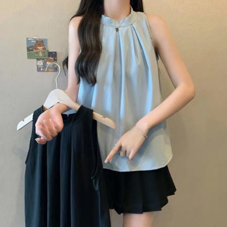 PF2760#大码女装胖MM设计感辣妹穿搭无袖挂脖法式纯欲风纯色上衣女
