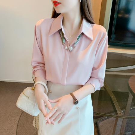 PF2761#长袖白衬衫 新款小众设计感洋气翻领职业衬衫雪纺衫上衣