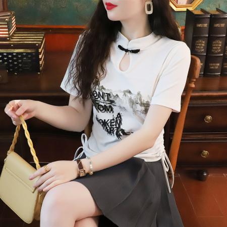 PF2762#设计感盘扣小众辣妹风国风短袖T恤上衣女国风