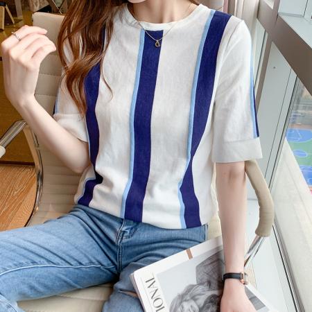 PF2768#新款夏季短袖t恤女圆领宽松显瘦条纹冰丝针织衫百搭打底衫上衣