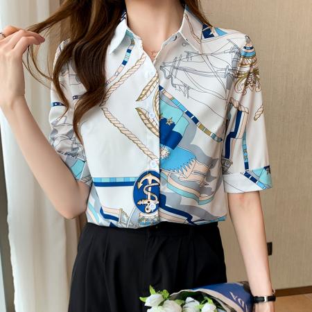 PF2769#欧货高端雪纺短袖花衬衫女 新款设计感小众碎花洋气上衣