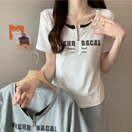 PF2770#大码夏季韩版时尚圆领短袖T恤拼接拉链修身上衣