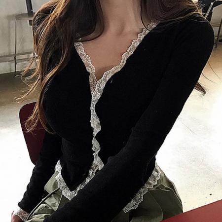 PF2778#韩国东大门新品 精致复古美感~贵气V领蕾丝边弹力舒适纽扣开衫