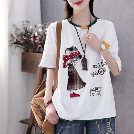 PF2803#纯棉短袖t恤复古文艺五分袖宽松印花休闲女士上衣