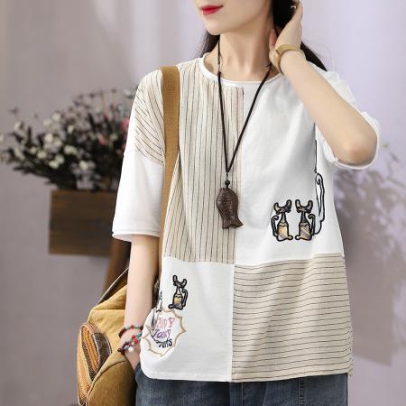 PF2806#含棉短袖t恤新款文艺条纹薄款大码宽松拼接上衣