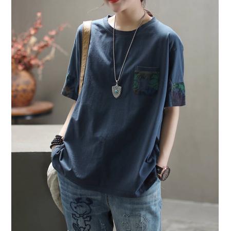 PF2807#短袖t恤新款复古文艺五分袖韩版宽松大码上衣