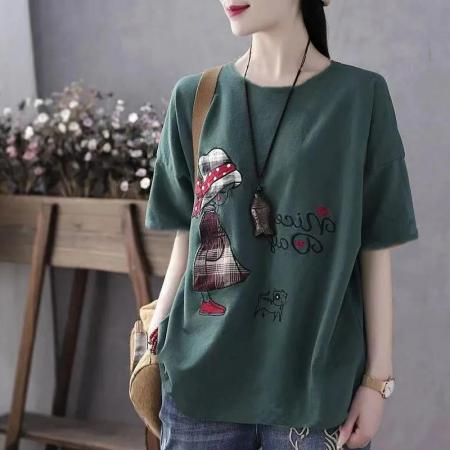 PF2808#纯棉短袖t恤新款复古文艺宽松显瘦卡通印花上衣