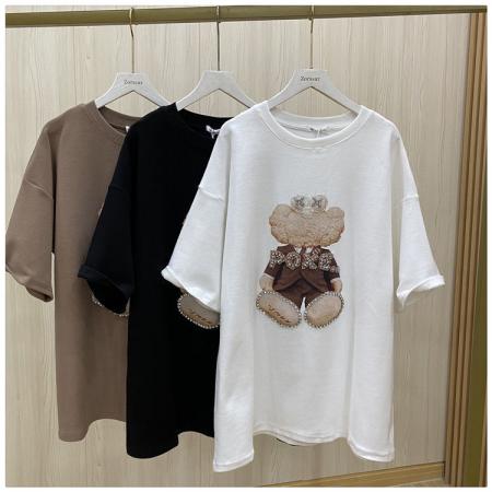 PF2809#重工烫钻短袖t恤新款大码女装宽松显瘦遮肚上衣