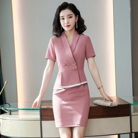 PF2818#短袖西装连衣裙女夏季正式场合气质通勤职业女装收腰显瘦中长裙子