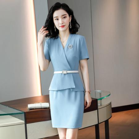 PF2819#短袖西装连衣裙女夏季正式场合气质通勤职业女装收腰显瘦中长裙子
