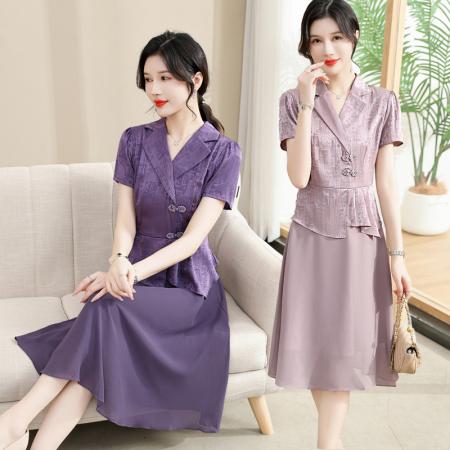 PF2821#假两件套连衣裙女 新款气质优雅名媛女神范中长款短袖裙子